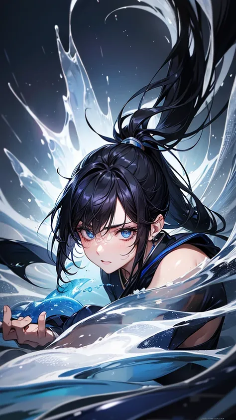 Highest quality, Ultra-high resolution, (Realistic: 1.4), Beautiful eyes, Super beautiful, Beautiful beauty, One person、Wizard, Japanese style dark blue tones、water and ice、whole body、(Black Hair、ponytail),Beautiful soldier, Eyes that beckon, Droopy eyeist...