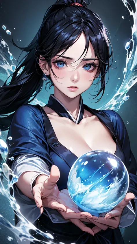 Highest quality, Ultra-high resolution, (Realistic: 1.4), Beautiful eyes, Super beautiful, Beautiful beauty, One person、Wizard, Japanese style dark blue tones、water and ice、whole body、(Black Hair、ponytail),Beautiful soldier, Eyes that beckon, Droopy eyeist...