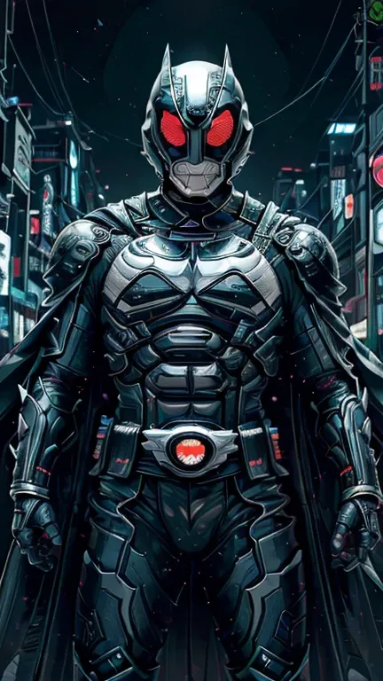 (8k),(masterpiece),(Japanese),(8-year-old boy),((innocent look)),((Childish)),From the front,smile,cute,Innocent,Kind eyes,Flat chest, black helmet, black domino mask,white mask black cape, Batman,Bald,No Hair, Henshin Pose,night,dark, Neon light cyberpunk...