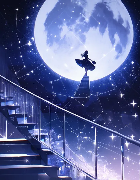 Sublime nocturne of rabbit constellation, double exposure, beautiful moon, stairs, sparkles, beautiful light 