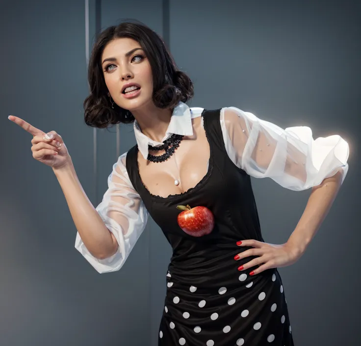 Angry woman in a black and white dress with a large red apple on her chest points to the right, smooth 3d model, glossy plastic texture, multiple light sources, rim light, sharp post effects render, most beautiful vfx, , realistic, 4k, high resolution, rim...