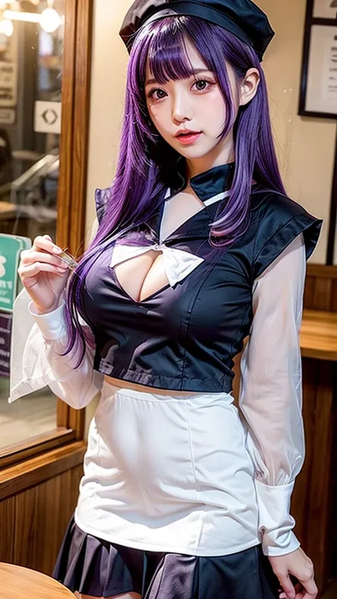 See-through sailor suit、Transparent nipples、Big Tits、Sheer skirt、Coffee shop、Cafe staff、Purple Hair