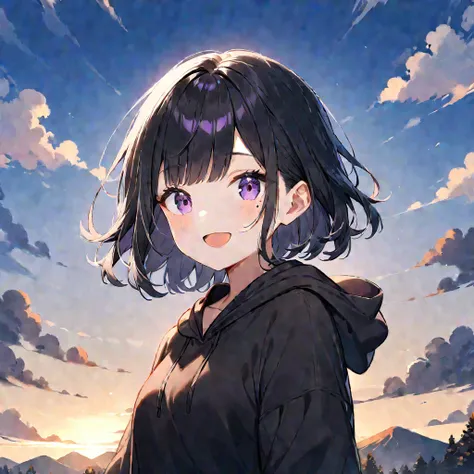 1girl, solo, mole under eye, mole, purple eyes, looking at viewer, hood, smile, open mouth, hoodie, black hoodie, upper body, sleeves past wrists, :d, short hair, bangs, long sleeves, sky, hood down, black hair, ((medium quality)), ((medium quality))