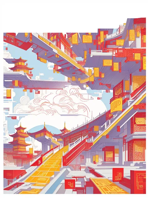 
90/5000
Vector illustration, an architecture of various cities in China, with red and yellow as the main colors, first-tier cities, patterns and lines inspired by Chinese architecture, graphic design poster art, bold lines, smooth lines, classic patterns ...