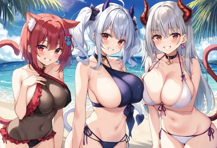 1 Girl、Lift your own chest yourself、(red cat eyes)、(((独奏))),Silver hair、(twin tail hair:1.5)、（DEMON horns）、See-through swimsuit、Summer Sea、Sandy Beach、evil grin、BIG breast、Cat tail、