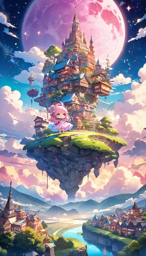 chibi, super deformed, dream fantasy story, best quality, super fine, 16k, 2.5D, delicate and dynamic depiction, (cute  in dress holding cane standing on high ground), city in the sky above the clouds, clouds in vivid and pastel colors, city of modern buil...