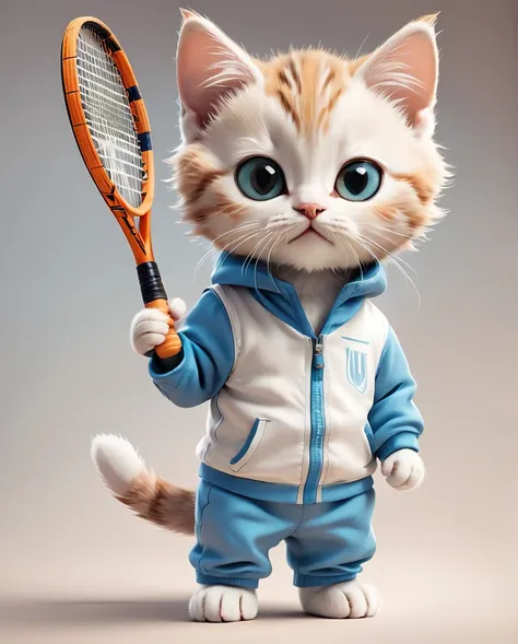 Kitten dressed as a tennis player　Full Body Shot　Looking straight at the camera　Standing