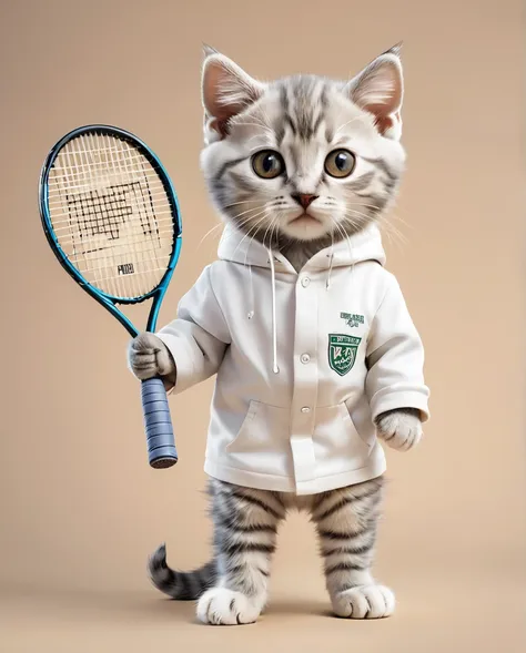 Kitten dressed as a tennis player　Full Body Shot　Looking straight at the camera　Standing