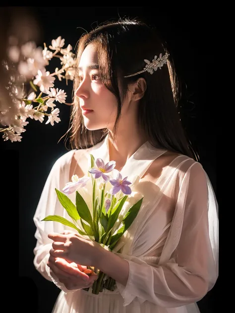 bouquet of delicate flowers Hyacinth, super transparent, holy light, beautiful spectral light, petals glow, flashing, dark background, transparent light drops, reflective light, bright, light flowing in, optics, portrait profile, sharp focus, magical, intr...