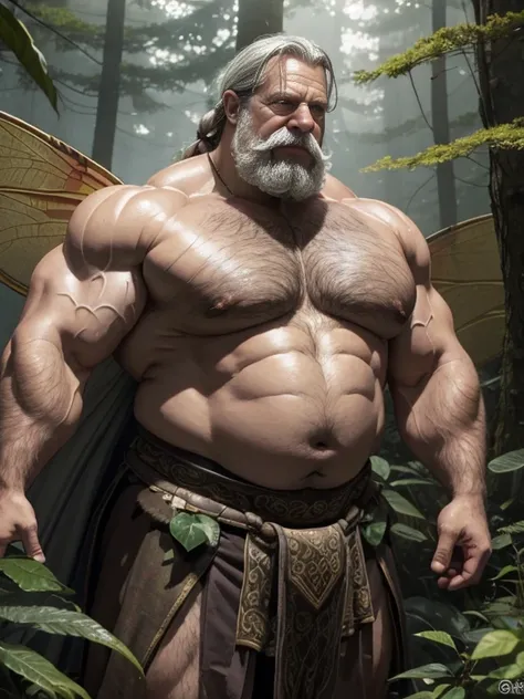 Hyperrealistic image of a Fairy Superhero with symmetrical dragonfly wings on his back, very sweaty, extremely old, over 80 years old, very muscular and fat, over 200 kg, with a naked torso, large flabby pectorals, brown nipples, very long gray hair and la...