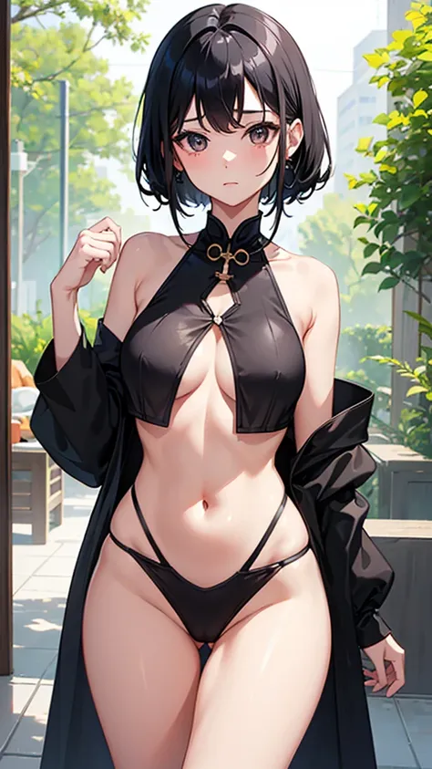 A cute girl，Wearing a slit cheongsam，black hair，Blatant clavicle，Wear mist-transparent underwear，The belly button is exposed and the abdomen is visible