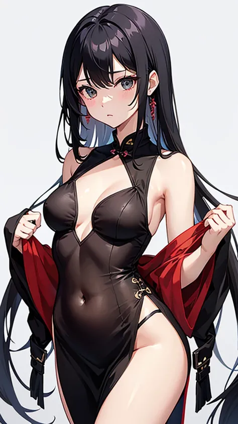 A cute girl，Wearing a slit cheongsam，black hair，Blatant clavicle，Wear mist-transparent underwear，The belly button is exposed and the abdomen is visible