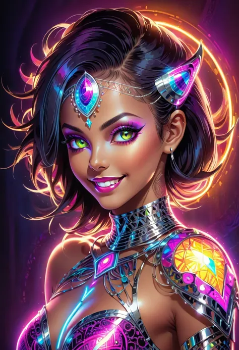 a colorful glowing post-modern ornamental plasma prowler, sleek lines and intricate patterns intertwine to create a sense of futuristic gothic elegance. The main subject of the image is a stunningly gorgeous colorful woman dancer with intricately detailed ...