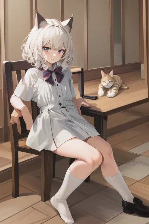 masterpiece, Highest quality, High resolution, Neferpitou 1, Cat ear, (Cat&#39;s Tail:0.8), alone, short hair, Red eyes, Hair between the eyes, :3, Curly Hair, Cat girl,sexy,side,Squat,training,Sweat,She spread her legs,Arms folded behind back