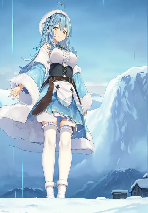  1girl in,Floral hair ornament,White beret,Sit up,Heart-shaped cheekage,snow field,a smile, castle, in the rain, starry detailed water, beautiful detailed starry sky