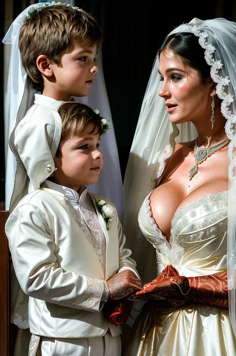 ((Mother and son getting married picture:1.5)), Ultra detailed photo of a ultra sexual incredibly gorgeous Ukrainian 32 year old sexy angelic supermodel mother nun bride dressed as nun in a gothic cathedral, mystical lights, backlit, ((very detailed faces)...