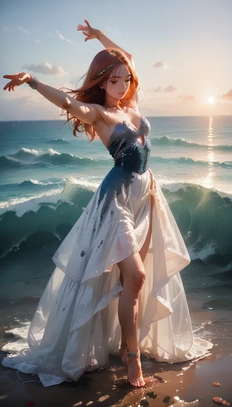 (Dancers on the Sea Surface:1.2), with graceful arms outstretched and twirling shiny_white_skirt, water dress, graces on the Golden_Sea Surface in a breathtaking ultravarium realism , full body panorama, the sunset, bathed in (hues_orange and hue_red)light...