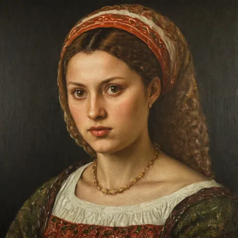 painting of detailed realistic  slavic woman folk art woman style portrait  ah_titian