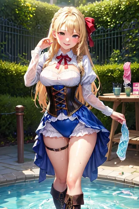 ((Highest quality)), ((masterpiece)), (detailed), Perfect Face,Gothic style,English Garden,(Are standing),smile,orgasm,happiness,happinessな時間,blonde,ribbon,beautiful girl,Long Hair,velvet,corset,Frills,organdy,Lace clothes,crinoline,((kick)),(Please put yo...