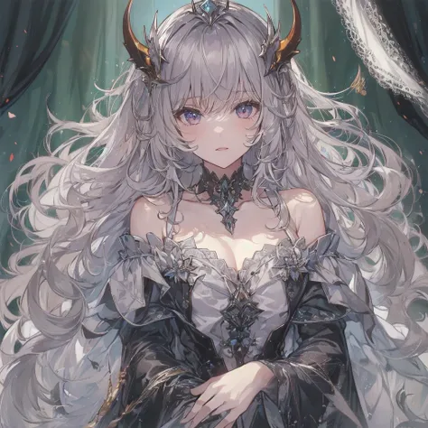 One girl, bangs, Long Hair, Messy Hair, Slope_eye, Diamond-shaped pupils, Devil Girl, Royal type off-shoulder dress, Conceptual Art, masterpiece, Super detailed, Attention to detail, high quality, 最high quality, High resolution