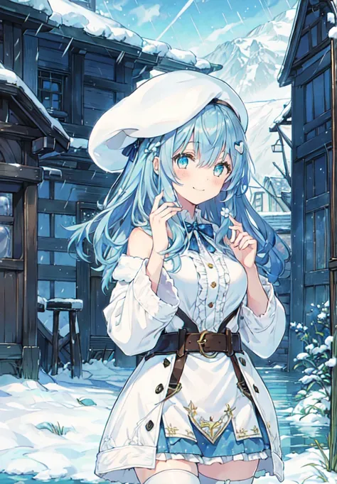  1girl,Floral hair ornament,White beret, heart ahoge, snow field,smile, castle, in the rain, starry detailed water, beautiful detailed starry sky, in the style of  scenery, night, town,