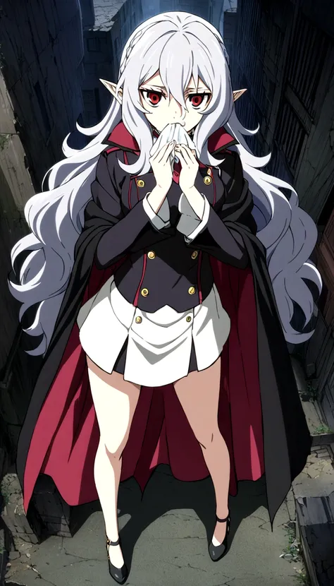 anime. owari no seraph. 1 girl. dear . a vampire. progenitor clumsy. silver hair. wavy hair. long hair. red eyes. beautiful eyes...