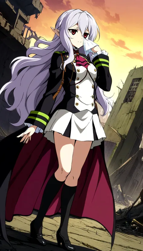 anime. owari no seraph. 1 girl. dear . a vampire. progenitor clumsy. silver hair. wavy hair. long hair. red eyes. beautiful eyes...