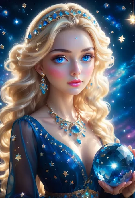 a extreme close up facial picture of an astrologist who divine the future from the stars, an extraordinary beautiful woman, divining the future from the stars, there is magic in her eyes, the ((her eyes are deep blue filled with stars: 1.5)) ladyshadow, bl...