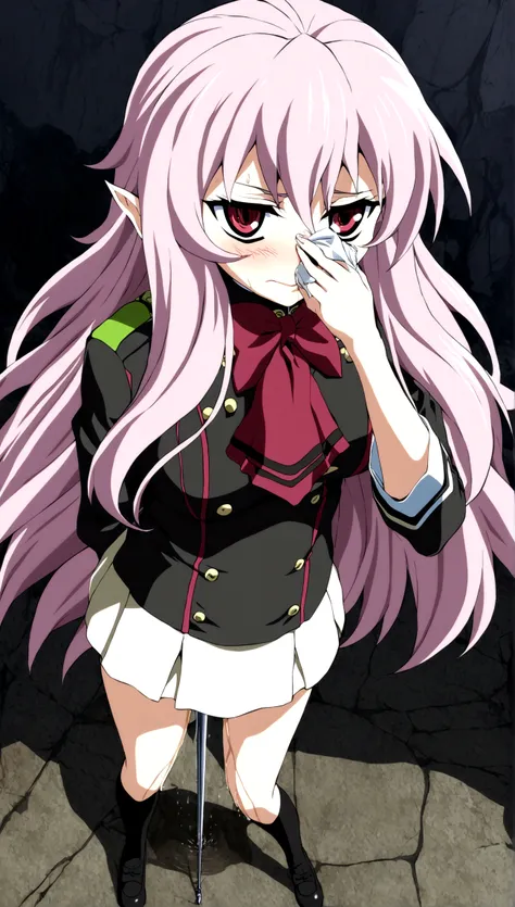 anime. owari no seraph. 1 girl. dear . a vampire. progenitor clumsy. silver hair. wavy hair. long hair. red eyes. beautiful eyes...