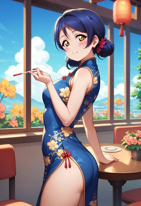 Masterpiece, best quality,Solo, cowboy shot,Sonoda umi love live, Chinese dress, flowers printed, day,golden eyes,(blushing:1.2),high side slit , thighs , restaurant , from side , leaning over table 