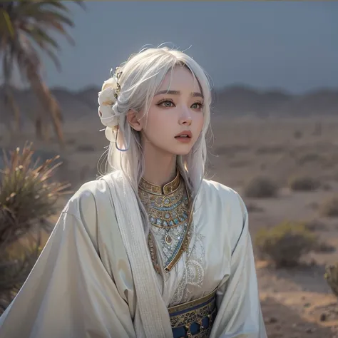 (Highest quality、masterpiece、8K、Best image quality、Ultra-high resolution、Award-winning works)、A beautiful white-haired woman watches over us from afar in the desert........, Where the moonlight shines.、Ancient Islamic clothing、Beautiful face drawn in every...