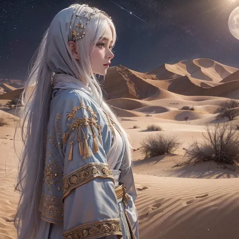 (Highest quality、masterpiece、8K、Best image quality、Ultra-high resolution、Award-winning works)、A beautiful white-haired woman watches over us from afar in the desert........, Where the moonlight shines.、Ancient Islamic clothing、Beautiful face drawn in every...