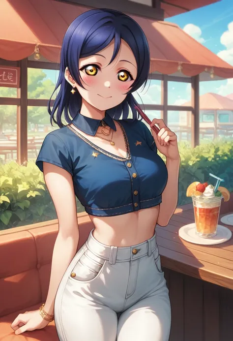 Masterpiece, best quality,Solo, cowboy shot,Sonoda umi love live, crop top,high waist pants, day,golden eyes,(blushing:1.2),restaurant 