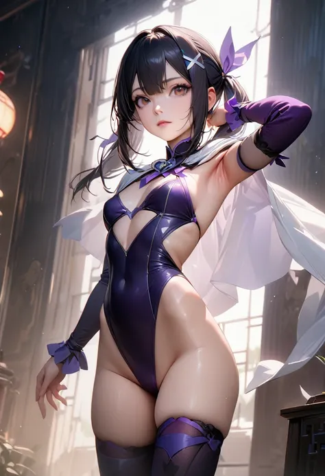 Soft Light, masterpiece, Highest quality,(finely detail:1.4),armpit, (miyu edelfelt), clothes reflecting light, detailed body, brown eyes, hair between eyes, black hair, medium hair, hair ribbon, x-shaped hair ornament,  breasts, sidelocks, twin tails, kaw...