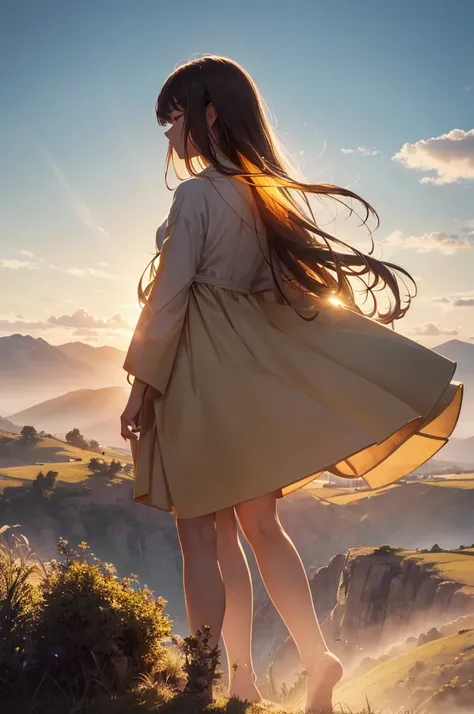 (8K Wallpaper, .Primitive, Photorealistic: 1.25) presents a breathtaking scene of a single girl standing atop a hill, effortlessly capturing the essence of natures grandeur. The ultra-high resolution image invites viewers to delve into the intricate detail...