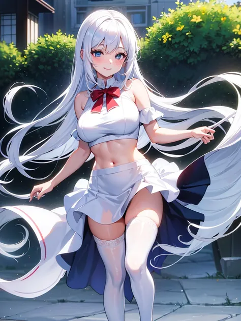 1 woman,(High resolution images),(Sunlight4K),I have white hair.,cute,Smiling, turning towards the camera,Beautiful blue eyes sparkling,Put on white stockings,long hair,Wear a red bow on the white side of your hair.,teenager,Big tits,Wear a white crop top ...