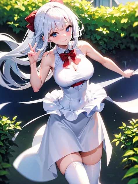 1 woman,(High resolution images),(Sunlight4K),I have white hair.,cute,Smiling, turning towards the camera,Beautiful blue eyes sparkling,Put on white stockings,medium length hair,Wear a red bow on the white side of your hair.,teenager,Big tits,Wear a white ...