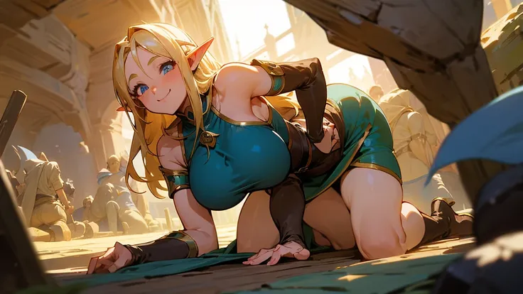 Anime Style,Nostalgic,Detailed background,The medieval world,A busy cave full of people,Smiling bard beautiful elf girl,Large Breasts,Healthy thighs,Underarm,On all fours