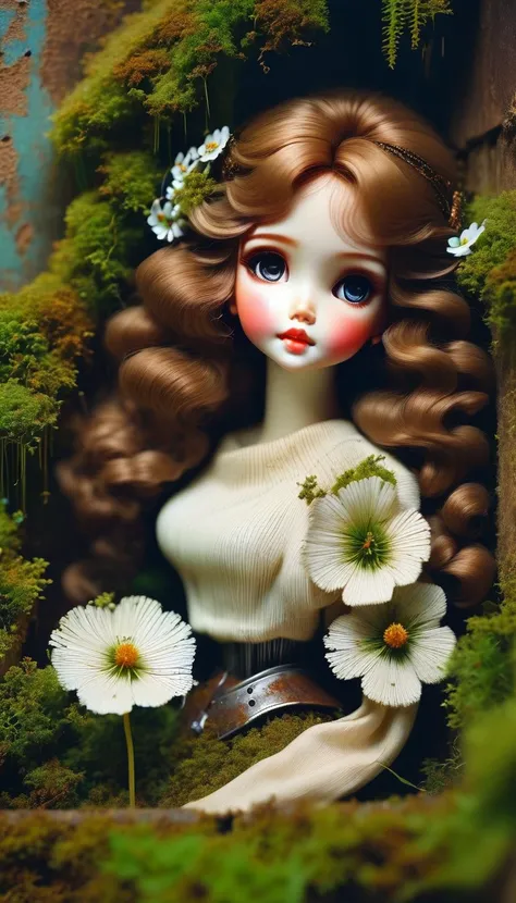 （best quality，masterpiece：1.2，detailed detailechanical doll in the corner，Broken mecha doll，Old，stale，long time ago，Rusty，moss，weeds，A small white flower