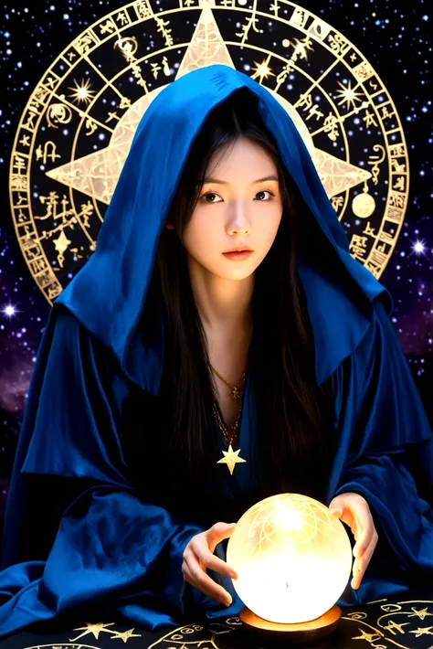 Astrologer, mystery, ancient, Starry sky background, Hold a crystal ball, Staring into the distance, The cloak flutters, night, Candlelight, ancient书籍, Star motif, Magic Runes, mystery氛围, Detailed description, High quality details, Artistic effects