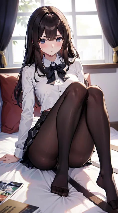 Top quality, masterpiece, High resolution, (Head to toe full body), front, frontやや下からの構図, Symmetric, Tall 18 year old girl, alone, (Head to toe), (Small breasts), Unkempt brown hair, bangs, (black tights), (Black Pantyhose), (Sit with your legs apart), (Cr...