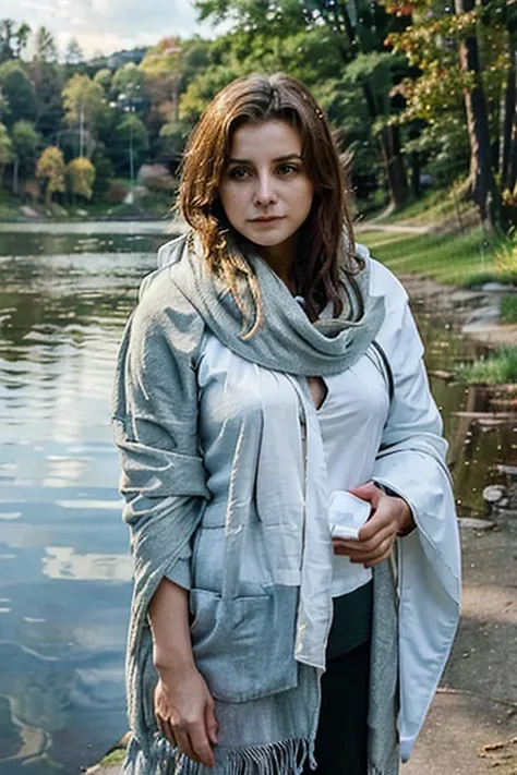 Woman wrapped in shawl, stands on the shore of the lake and looks at you