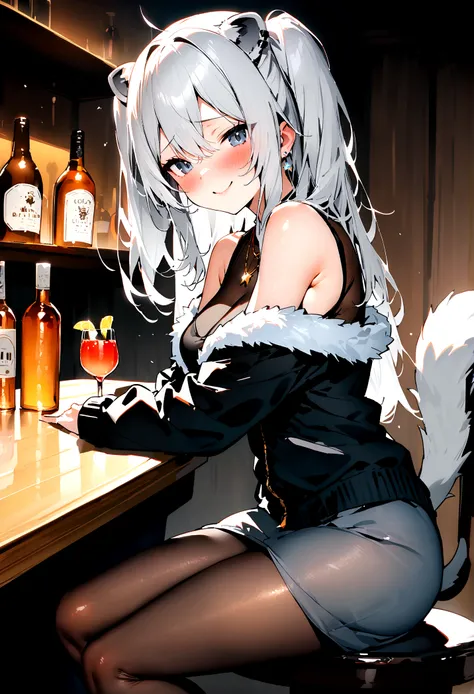 NSFW,masterpiece,Highest quality,High resolution,Super detailed,Shishirabotan(Hololive),Long Hair、Two Side Up、Earrings、Lion&#39;s Tail,necklace、Black Shirt、Sleeveless shirt、abdomen、See-through、Grey Skirt、片足pantyhose、pantyhose、fur-trimmed jacket、Black jacke...