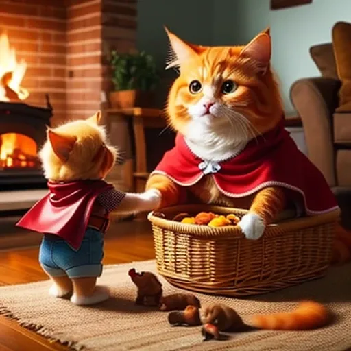 "In the cozy home of an orange cat named Little Red Riding Hood, her mother, also an orange cat, hands her a basket filled with food. The mother cat looks concerned as she gives instructions to Little Red Riding Hood, who listens attentively, wearing her r...