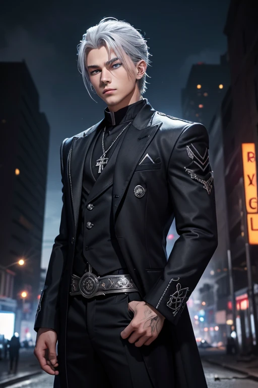 21 year old young man, gray hair, blue eyes, realist, inspired by gokublack,  black clothes, a purple crown and an x on the clothes, thunder on clothes. epic suit, in the background a street at night, a destroyed building