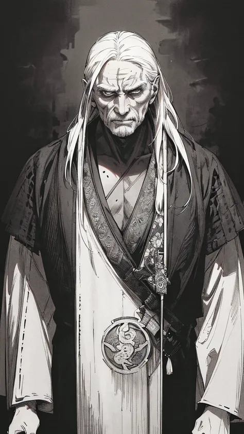 Best quality, (background_detail), high_contrast, detail_original_illustration, warrior, muscular, villain_face, kimono, full_body, holding_a_Japanese_sword, medieval, deep_wrinkles_on_eyebrows, middle_aged_man, dark_stitch_landscape, (dramatic_lighting:1....