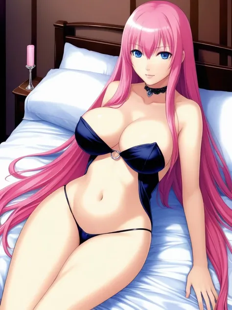 Official Art,１Man Beautiful Adult Woman,Megurine Luka,Pink long hair,blue eyes,Big Breasts,lure:1.0,bed, １People only,Erotic