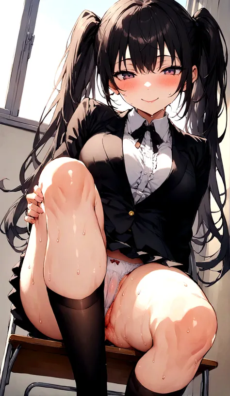 、Twin tails、Brat、One girl in a mini skirt, Sit on a chair with your legs wide open、Under desk angle、A seductive smile、Looking down at the viewer, Thighs, Highest quality, Thighsに注目, Spread your legs wide, smile, blazer, blouse, White panties、Black knee soc...