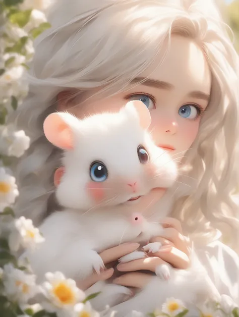 a girl with silver white hair, wearing a white summer dress, blue eyes, facing the viewer, (portrait), holding a cute hamster, (best quality,4k,8k,highres,masterpiece:1.2),ultra-detailed,(realistic,photorealistic,photo-realistic:1.37),UHD,retina,anatomical...