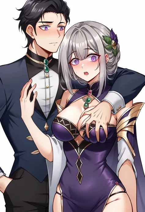 long black hair, hime, noble lady, aristocrat attire, manhwa style, purple eyes, female surprised expression, man out of frame,man grabbing breast, arm over shoulder, teen, 15 years old, beautiful noble lady, aristocrat lady purple clothes, manhwa attire, ...